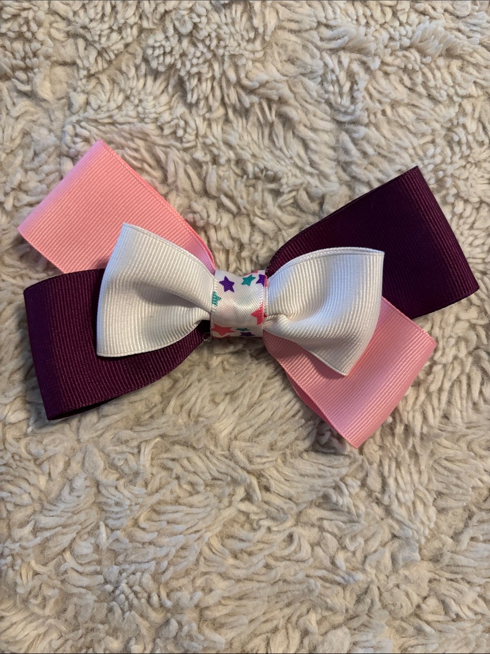 Layered Ribbon Hair Bow in Pink, White & Plum